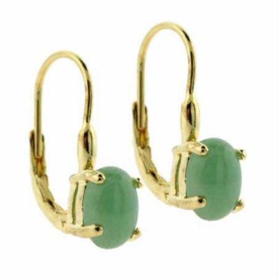 18K Gold over Sterling Silver Genuine Green Jade Oval Leverback Earrings