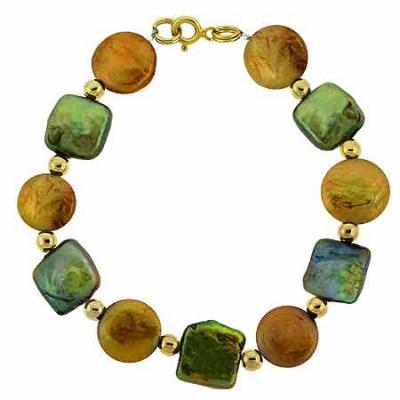 18K Gold over Sterling Silver Brown & Green Freshwater Cultured Coin Pearls & Beads Bracelet