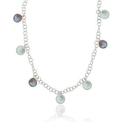 Sterling Silver .925 Iridescent Gray, and Black Genuine Freshwater Cultured Coin Pearl Rolo Link Dangle Graduated Necklace