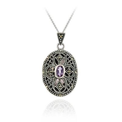 Sterling Silver Filigree Marcasite Genuine Amethyst Cross Locket