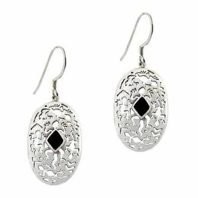 Sterling Silver Onyx Stone Filigree Oval Dangle Earrings