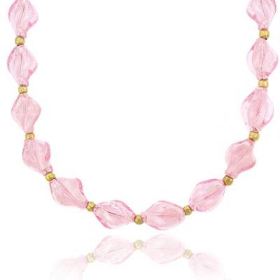 18K Gold over Sterling Silver Pink Twisted Glass Foil Bead Necklace