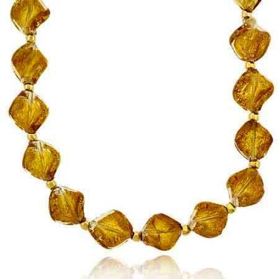 18K Gold over Sterling Silver Golden Twisted Glass Foil Bead Necklace