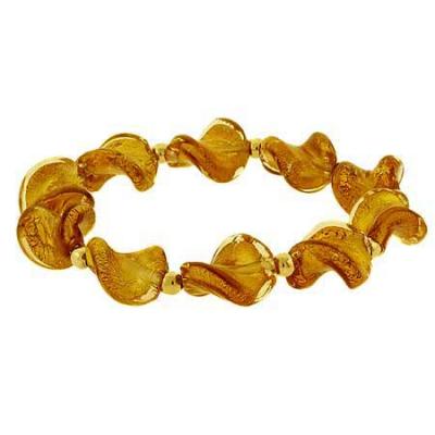 18K Gold over Sterling Silver Champagne Twist Foil Glass Glitter Beaded Stretch Bracelet