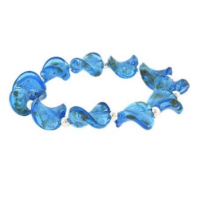 Sterling Silver Aqua Blue Glitter Twisted Foil Glass Bead Stretch Bracelet