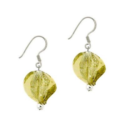 Sterling Silver Olive Green Twisted Glass Foil Bead Glitter Dangle Hook Earrings