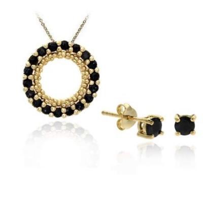 18K Gold/ Sterling Silver Sapphire Pendant Stud Earring Set