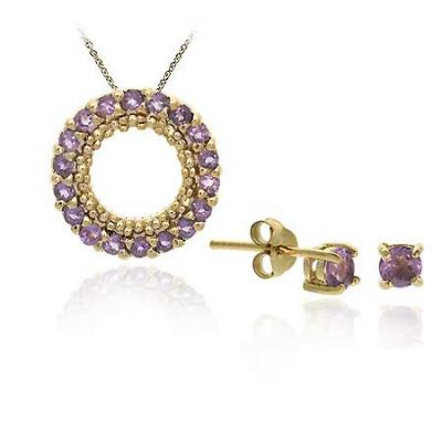 18K Gold/ Sterling Silver Amethyst Pendant Stud Earring Set