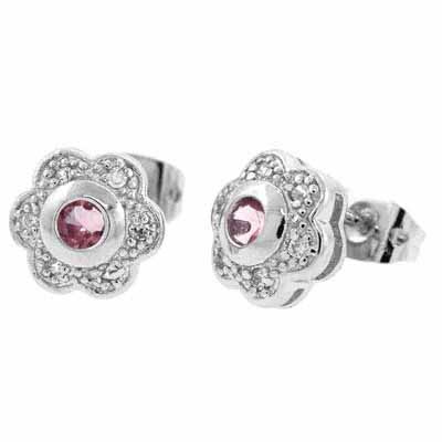 Sterling Silver Pink & White CZ Flower Stud Earrings