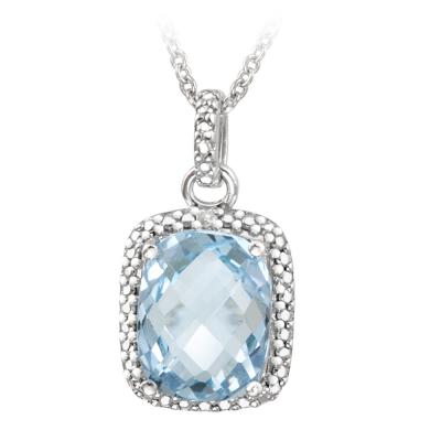 Sterling Silver 4ct Blue Topaz & Diamond Accent Cushion Cut Necklace