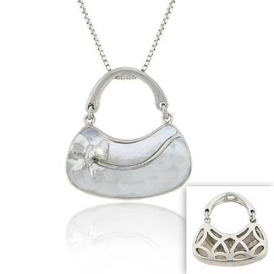 Sterling Silver .925 Genuine White Mother of Pearl MOP Stone Inlay Bow Dangle Handle Filigree Hobo HandBag Bag Purse Pendant