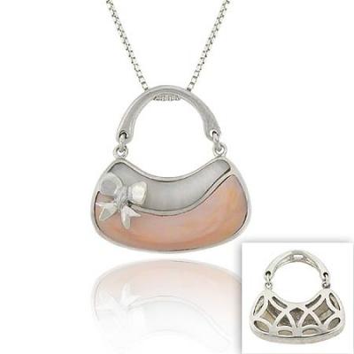 Sterling Silver .925 Genuine Pink & White Mother of Pearl MOP Stone Inlay Bow Dangle Handle Filigree Hobo HandBag Bag Purse Pendant