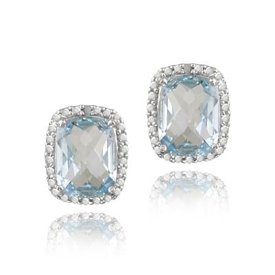 Sterling Silver 8ct Blue Topaz & Diamond Accent Cushion Cut Earrings