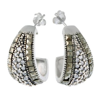 Sterling Silver Marcasite & CZ Half Hoop Earrings