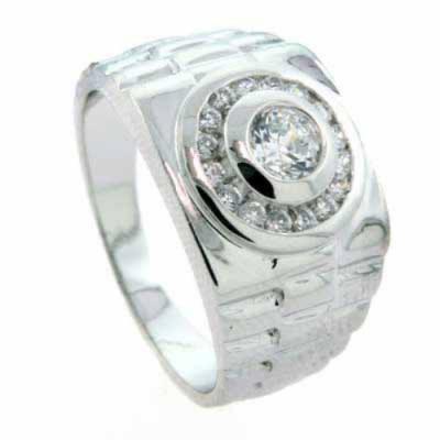 Mens Designer Inspired Band Sterling Silver Ring with Simulated Diamond CZ