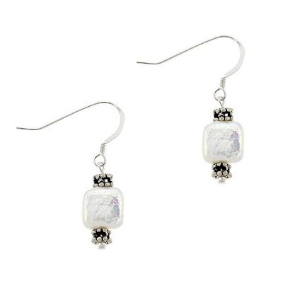 Sterling Silver White Square Freshwater Cultured Coin Pearl Bali Bead Dangle Earrings