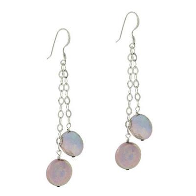 Sterling Silver .925 Iridescent Gray Round Genuine Freshwater Cultured Coin Pearl Link Dangle Graduated Earrings