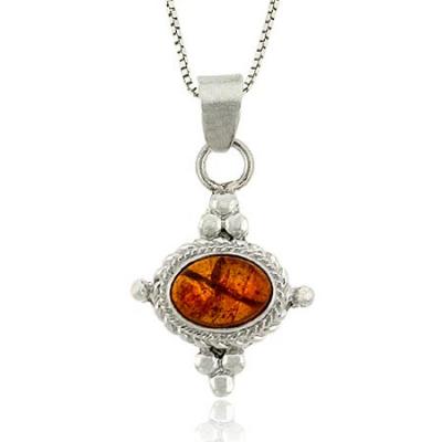 Sterling Silver  Amber East West Bali Bead Oval Pendant