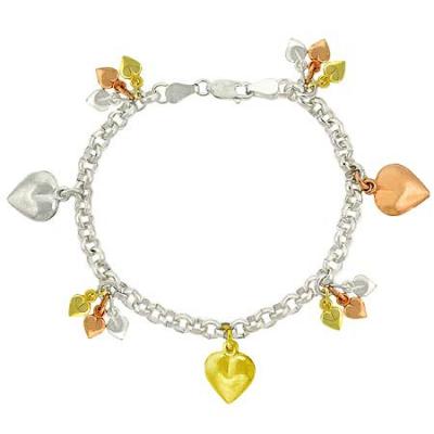Sterling Silver Tricolor Puffed Heart Charm Bracelet