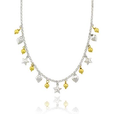 Sterling Silver Two Tone Star, Heart & Bead Ornament Charm Necklace