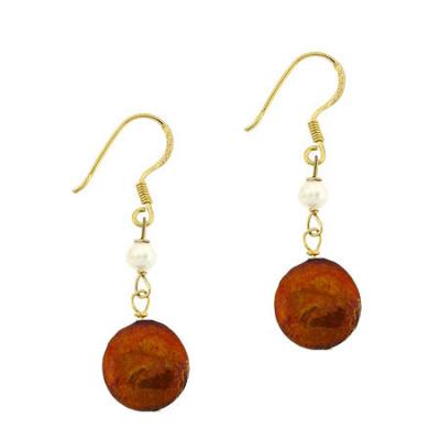 18K Gold over Sterling Silver Freshwater Cultured Amber Coin Pearl Earrings
