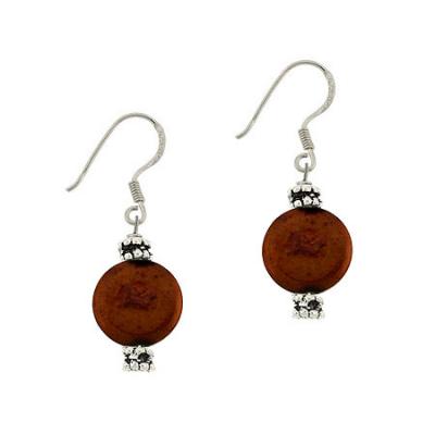 Sterling Silver .925 Iridescent Brown Round Genuine Freshwater Cultured Coin Pearl Bali Bead Dangle Hook Earrings