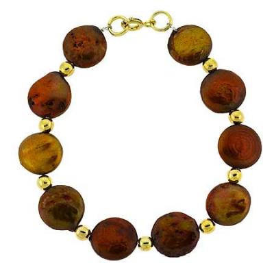 18K Gold over Sterling Silver Brown Freshwater Cultured Coin Pearls & Beads Bracelet
