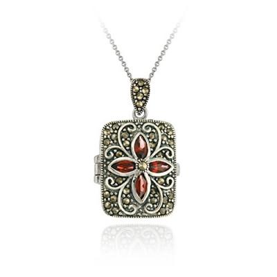 Sterling Silver Genuine Garnet Flower Marcasite Locket