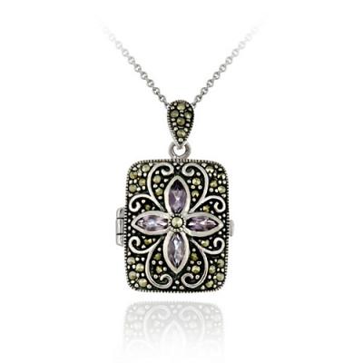 Sterling Silver Genuine Amethyst Flower Marcasite Locket Necklace