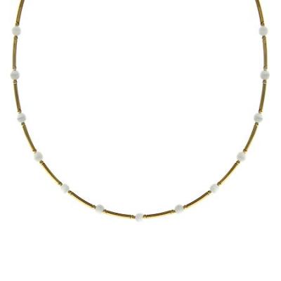 18K Gold over Sterling Silver Bar & White Cats Eye Bead Necklace