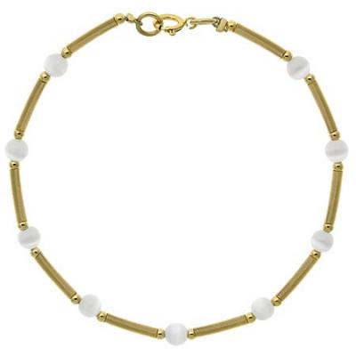 18K Gold over Sterling Silver White Cats Eye Glass Bar & Bead Bracelet