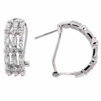 Sterling Silver Baguette & Round Cut CZ 3 Row Half-Hoop Earrings