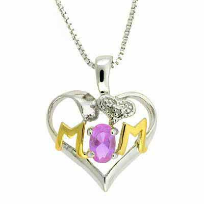 Sterling Silver Two-Tone Amethyst & Diamond Accent MOM Heart Pendant