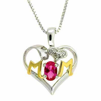 Sterling Silver Two-Tone Created Pink Sapphire & Diamond Accent MOM Heart Pendant