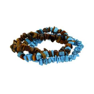 3 Genuine Tiger Eye,Reconstituted Blue Turquiose Stone Chip Bracelet Set