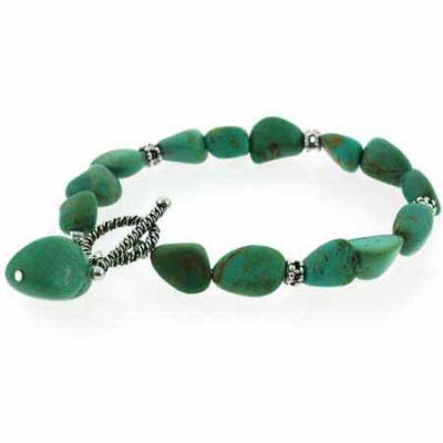 925 Sterling Silver Genuine Green Turquoise Nugget & Bali Bead Bracelet