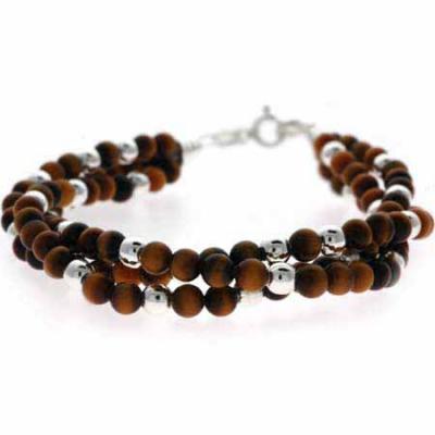 Genuine Tiger Eye Sterling Silver Beaded Three Strand Bracelet