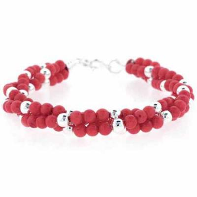 Sterling Silver Created Pink Coral Beaded Three Strand Torsade Bracelet