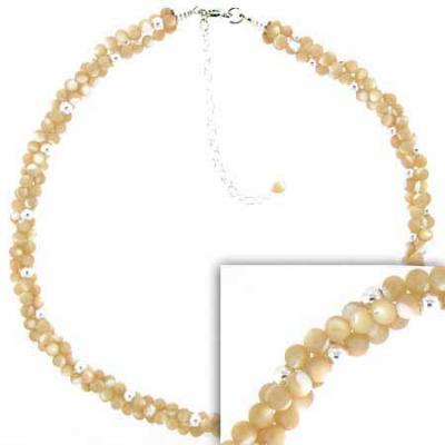 Genuine Natural Mother Of Pearl Sterling Silver Beaded Three Strand Necklace