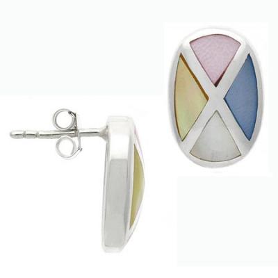 Sterling Silver White, Pink, Blue, and Yellow Shell Inlay Mosaic Earrings