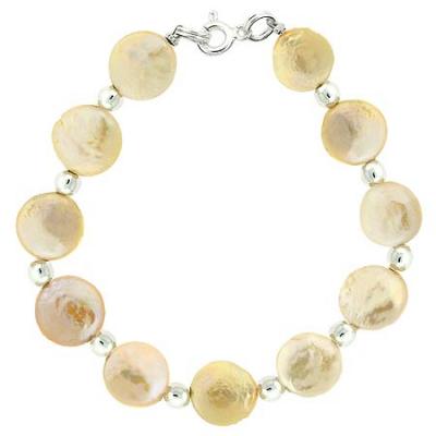 Sterling Silver Freshwater Cultured Iridescent Pink Coin Pearl Bead Bracelet