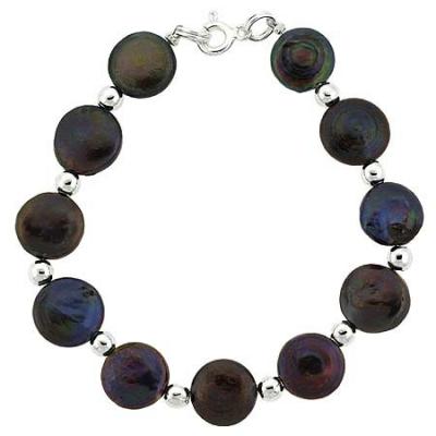 Sterling Silver Freshwater Cultured Iridescent Black Coin Pearl Bead Bracelet