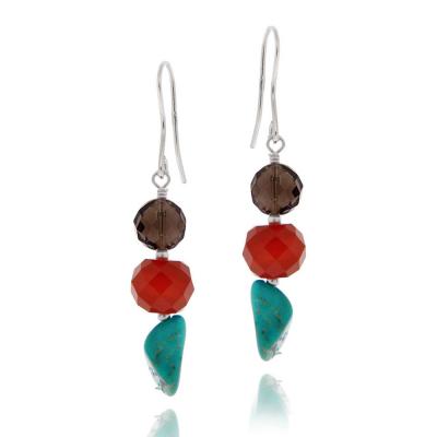 Sterling Silver Smokey Quartz, Carnelian & Created Turquoise Nuggets Dangle Earrings