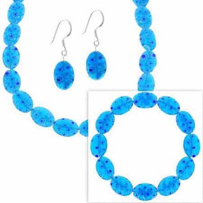 Sterling Silver Murano Glass Aqua Blue Oval Millefiori Bracelet Earrings and Necklace Jewelry Set