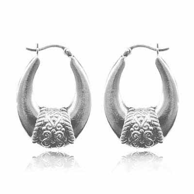 Sterling Silver Oval Bali Hoop Earrings