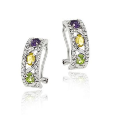 Sterling Silver 1.42ct Multi Color Gemstone & Diamond Half Hoop Earrings