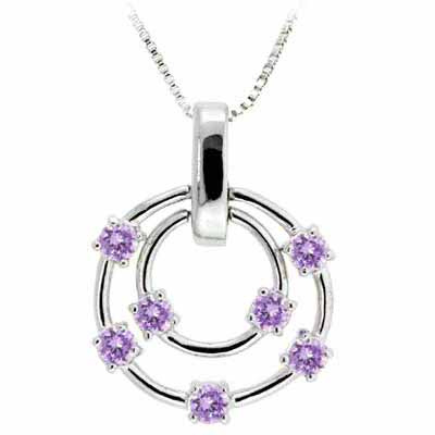 Sterling Silver Amethyst CZ Double Circle Floating Pendant
