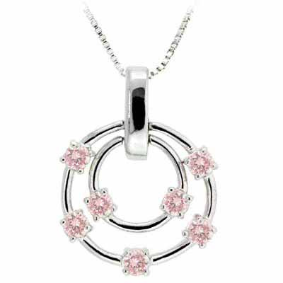 Sterling Silver Pink CZ Floating Double Circle Designer-Inspired Pendant