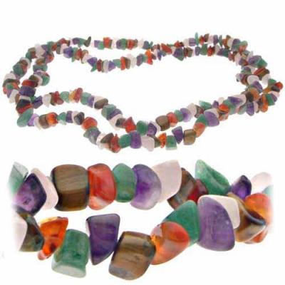 Genuine Semiprecious Genuine Tiger Eye, Carnelian, Aventurine, Amethyst, and  Rose Quartz  35' Chip Strand