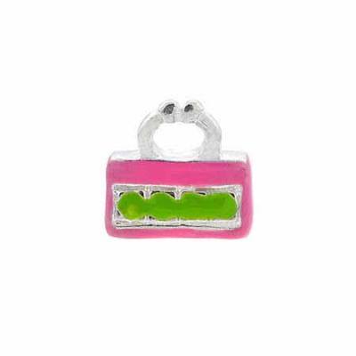 Sterling Silver Enamel Pink and Light Green Fashionable Rectangle Hand Bag Purse Charm
